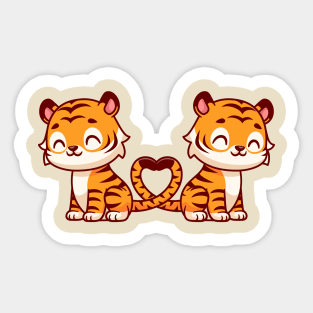 Cute Tiger Couple With Love Heart Tail Cartoon Sticker